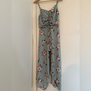 Three Pink Hearts Blue Floral Romper With Attached Shorts Size M